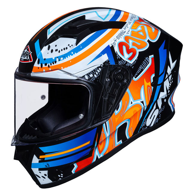 SMK Stellar Graffiti Motorcycle Full Face Helmet (GL237) - Black/Red/Orange