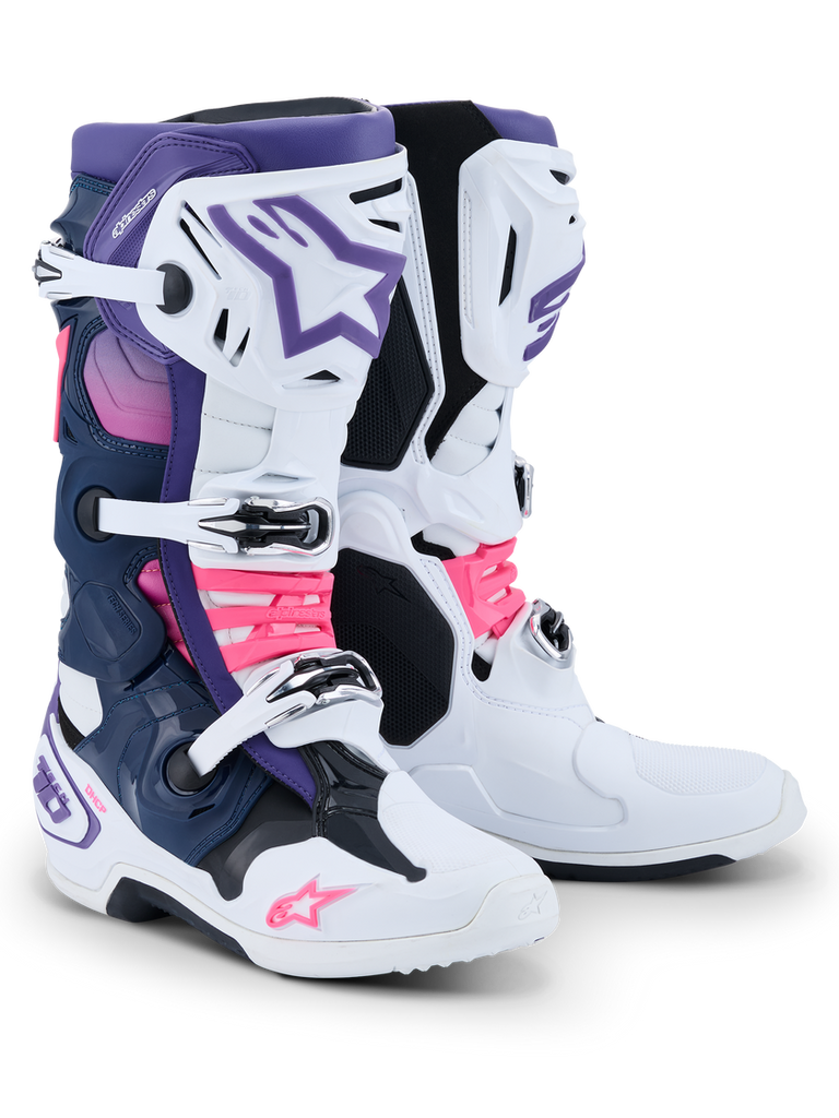 Alpinestars Tech 10 (MY20) Boots - White/Violet/Navy Blue/Fluropink - View 1 | Everest Motorcycles