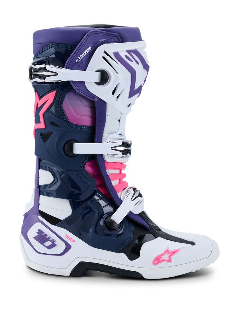 Alpinestars Tech 10 (MY20) Boots - White/Violet/Navy Blue/Fluropink - View 2 | Everest Motorcycles