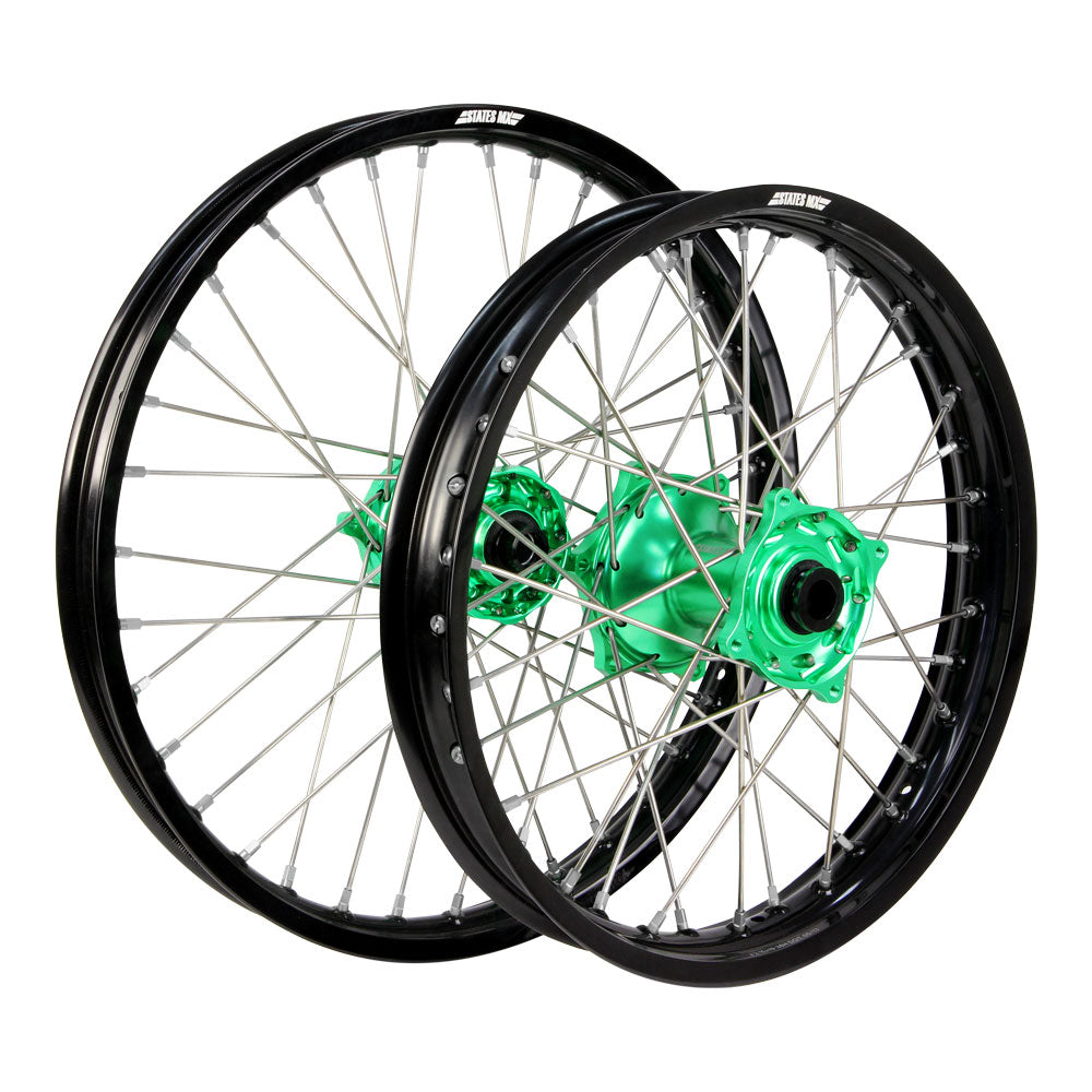 STATES MX WHEEL SET KAWASAKI KX250F/450F 06-18 21" FRONT/19" REAR - BLACK/GREEN