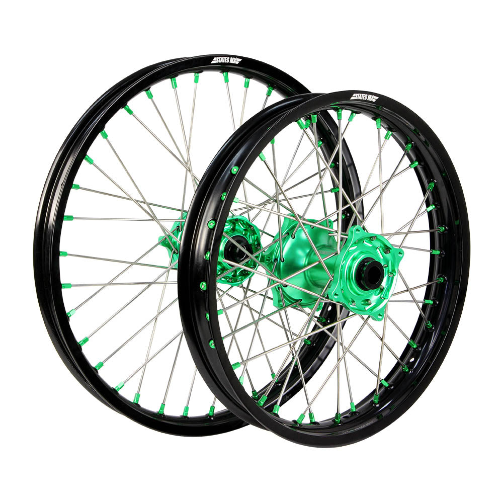 STATES MX WHEEL SET KAWASAKI KX80/85 SMALL WHEEL 17" FRONT/14" REAR - BLACK/GREEN