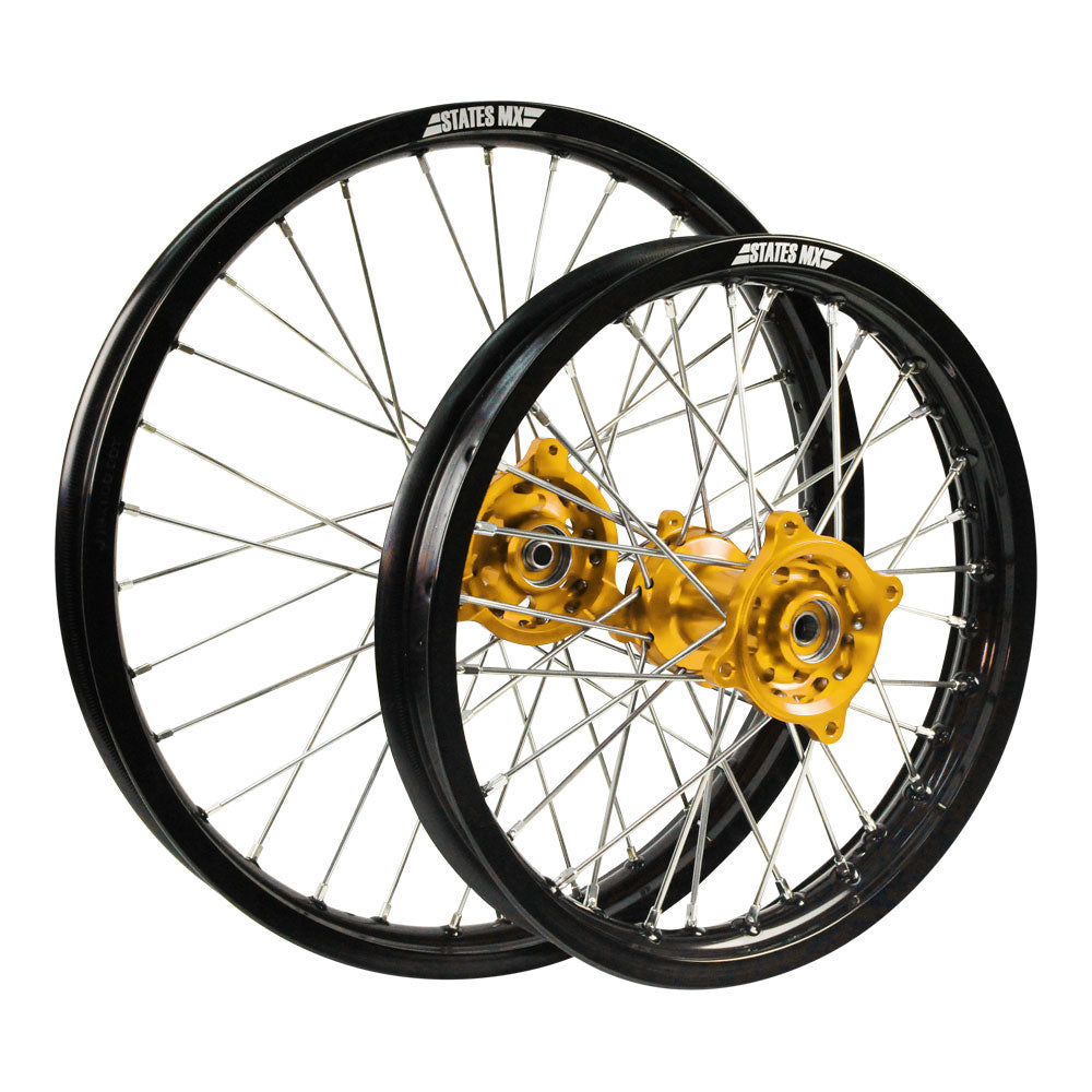 STATES MX WHEEL SET SUZUKI RM250 01-08 21" FRONT/19" REAR - BLACK/GOLD/SILVER