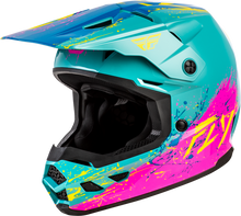 Load image into Gallery viewer, Fly Racing Kinetic Drip Youth Helmet - Turquoise/Pink/Yellow