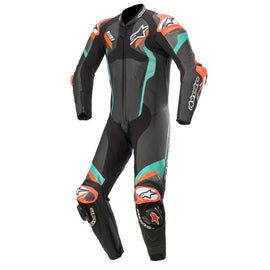 Alpinestars Atem V4 Leather 1 Piece Motorcycle Suit - Black/Petrol/Flurored - View 1 | Everest Motorcycles