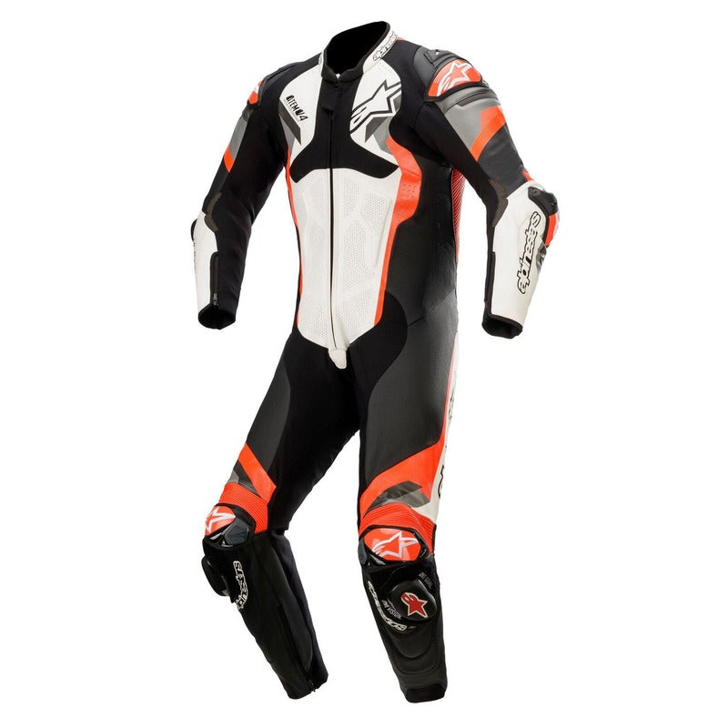 Alpinestars Atem V4 1-Piece Motorcycle Leather Suit - White/Black/Fluro/Red - View 1 | Everest Motorcycles
