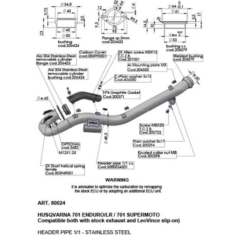 LV Head Pipe Stainless 701 Enduro/Lr / 701 Supermoto '21> (Stock & LV Exhaust)